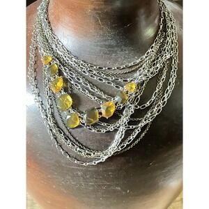 CHICO'S Yellow‎ Rhinestone STATEMENT Necklace SILVER CHAINS Layered
